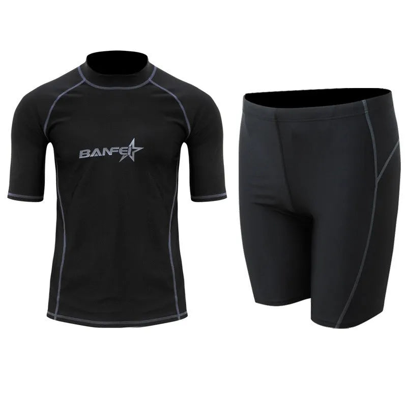 Men's blue quick-drying half sleeve nylon swimsuit set with swim top and pants for snorkelling