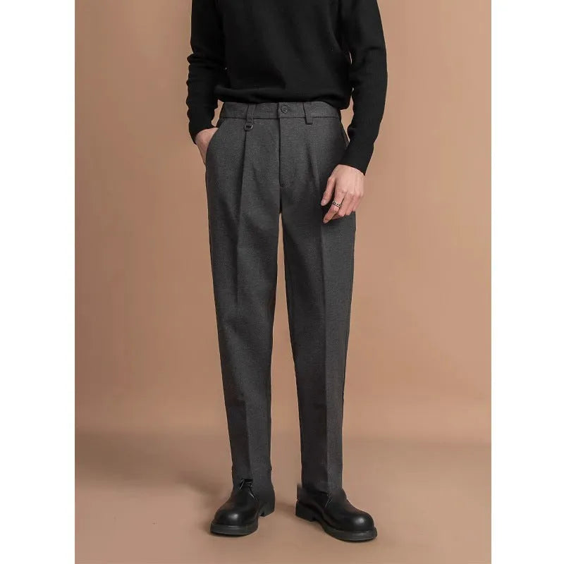 Men's straight-leg polyester trousers in black, dark grey, khaki, and brown colours for business casual winter wear