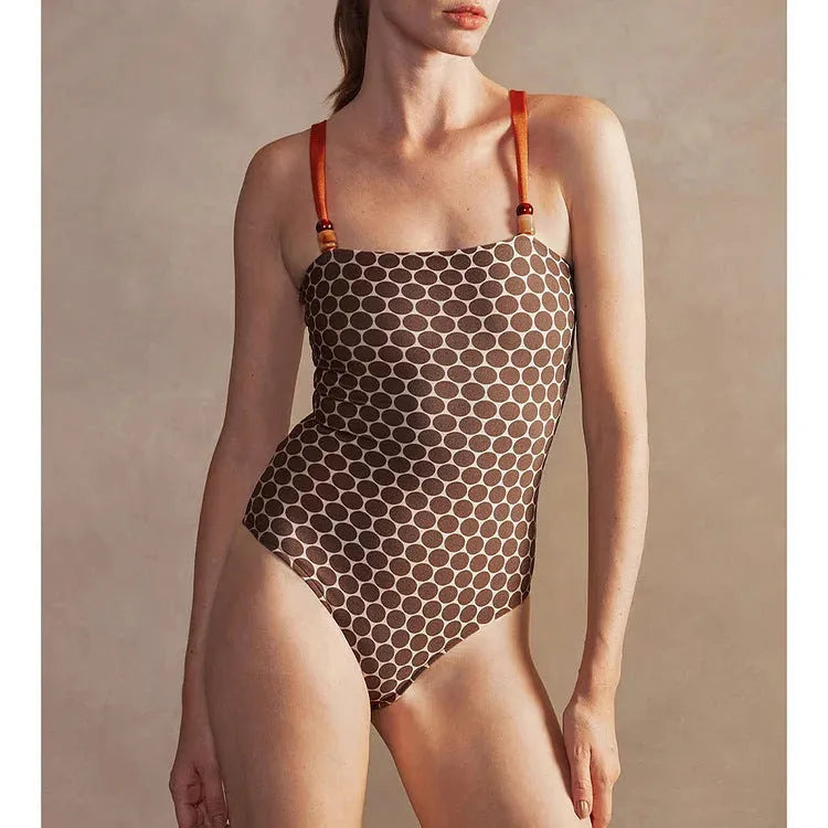 Women's dot print one-piece swimsuit with matching wrap skirt, polyester fabric, European and American style