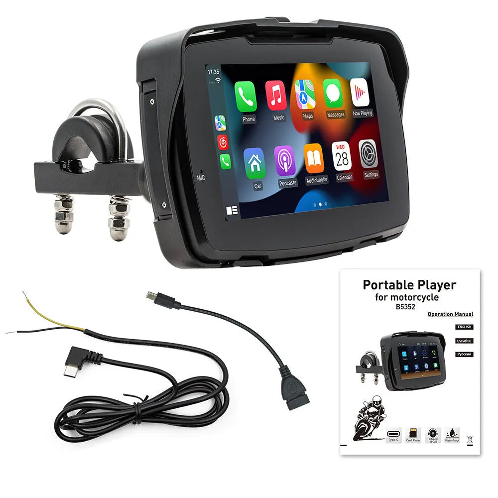 5-inch motorcycle MP5 player with wireless Carplay and reversing image, mounted on vehicle dashboard