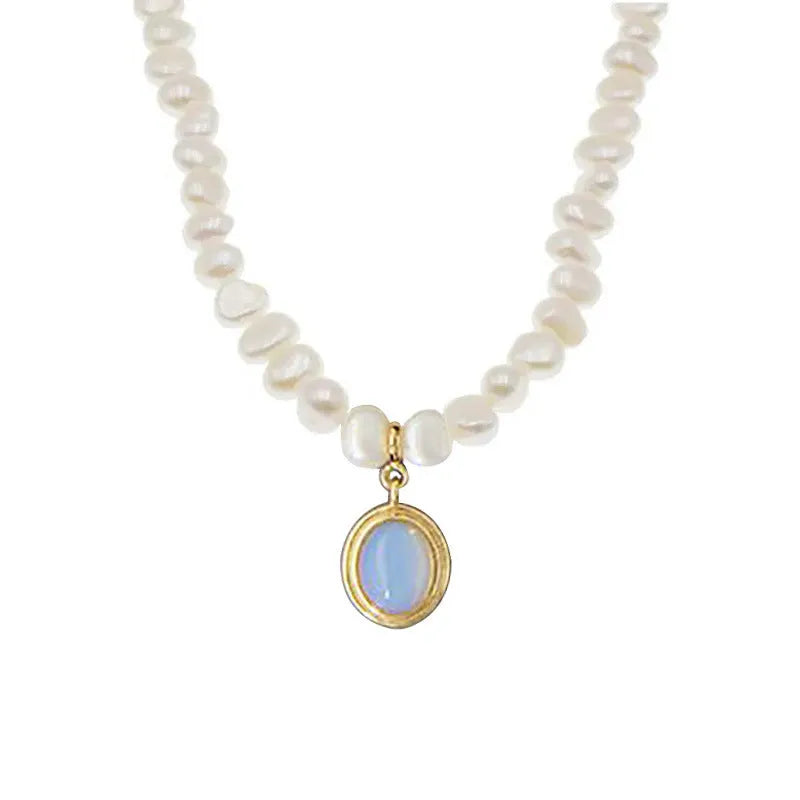 Silver necklace with round medal pendant and irregular pearl charm on adjustable 21-50cm chain