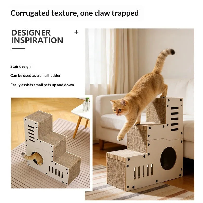 Stair-shaped corrugated cardboard cat scratcher with MDF frame and replacement core