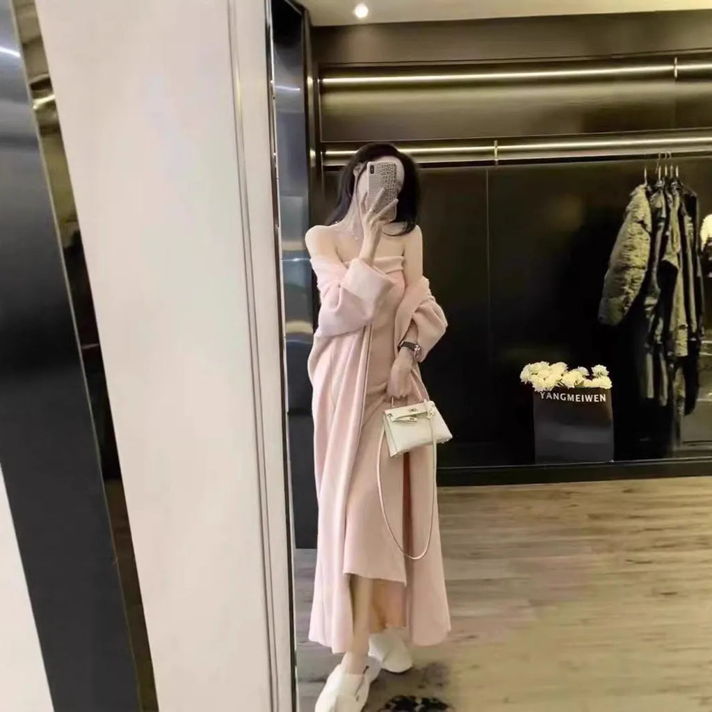 Women's grey knitted cardigan and dress two-piece set with long skirt and flocking detail