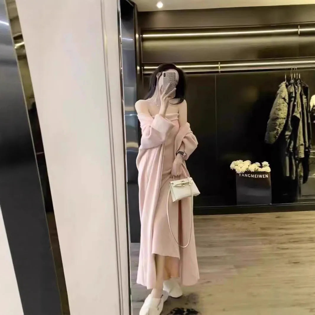 Women's grey knitted cardigan and dress two-piece set with long skirt and flocking detail