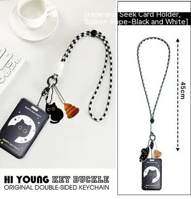 Cartoon black cat plastic card holder with metal keychain pendant for transport and student cards