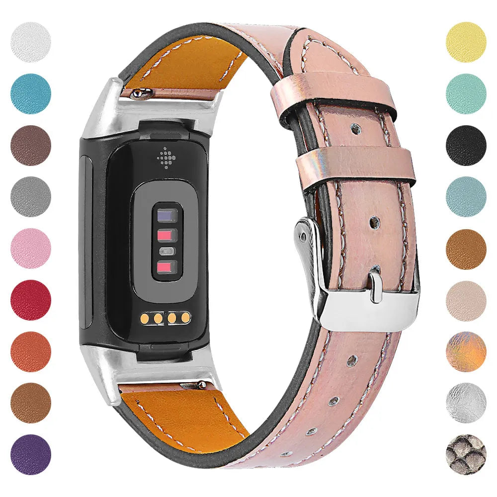 Genuine cowhide leather strap for Fitbit Charge 5 smartwatch in various colours