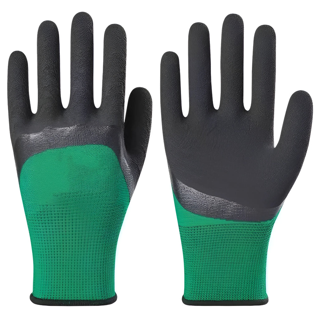Black and green rubber work gloves with a textured, non-slip surface for labour protection.