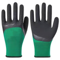 Black and green rubber work gloves with a textured, non-slip surface for labour protection.