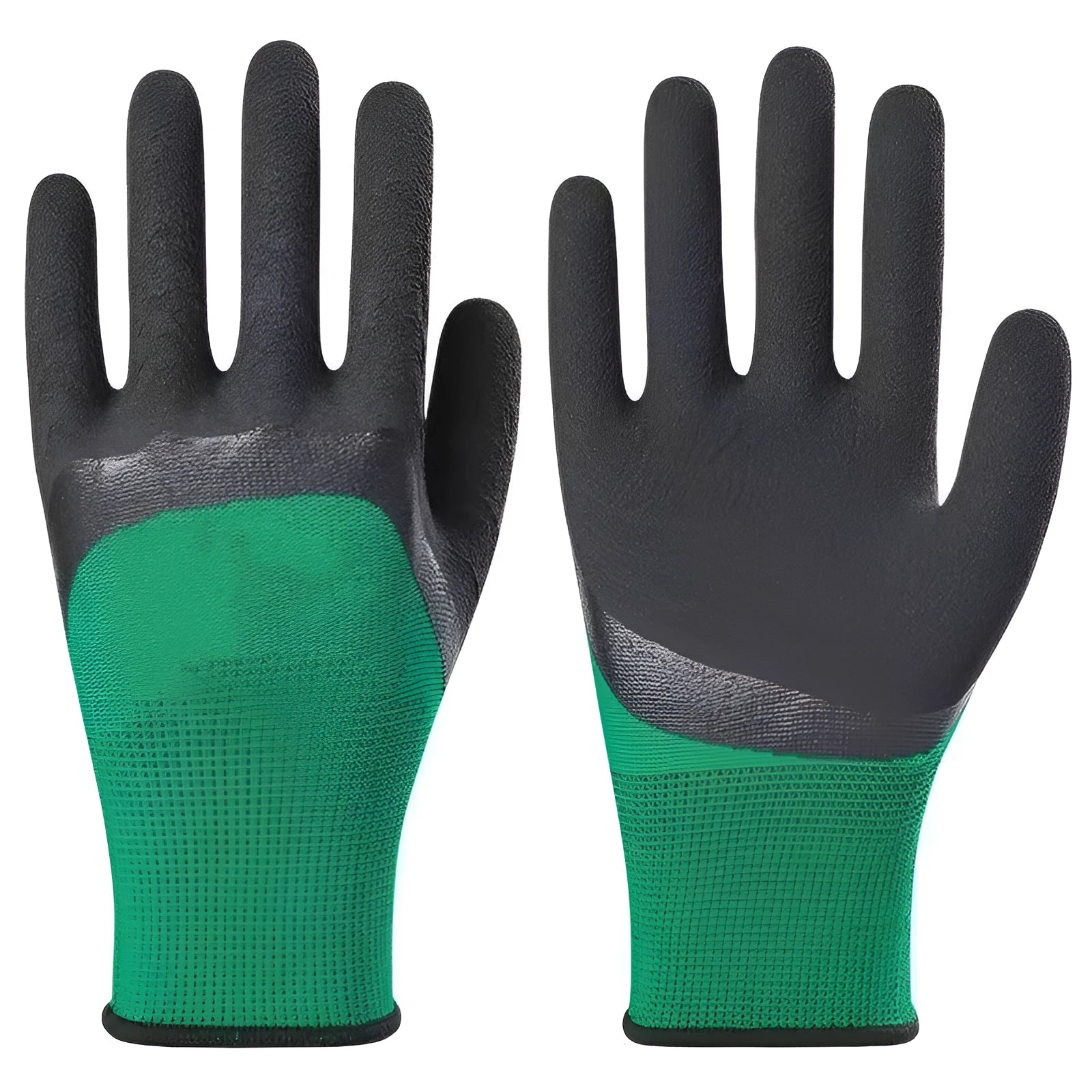 Black and green rubber work gloves with a textured, non-slip surface for labour protection.