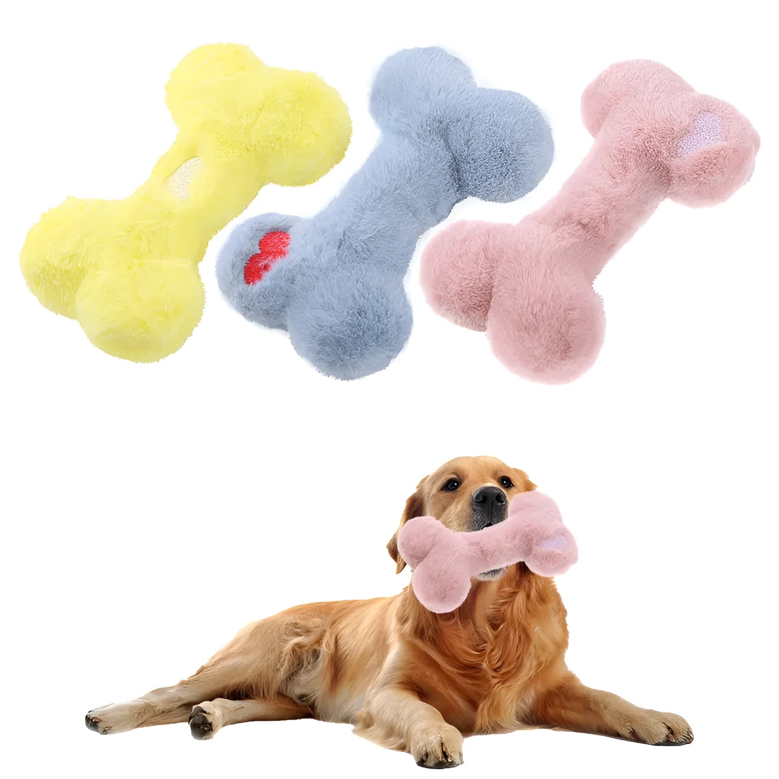 Blue plush bone dog toy with BB sound device for bite-resistant interactive play
