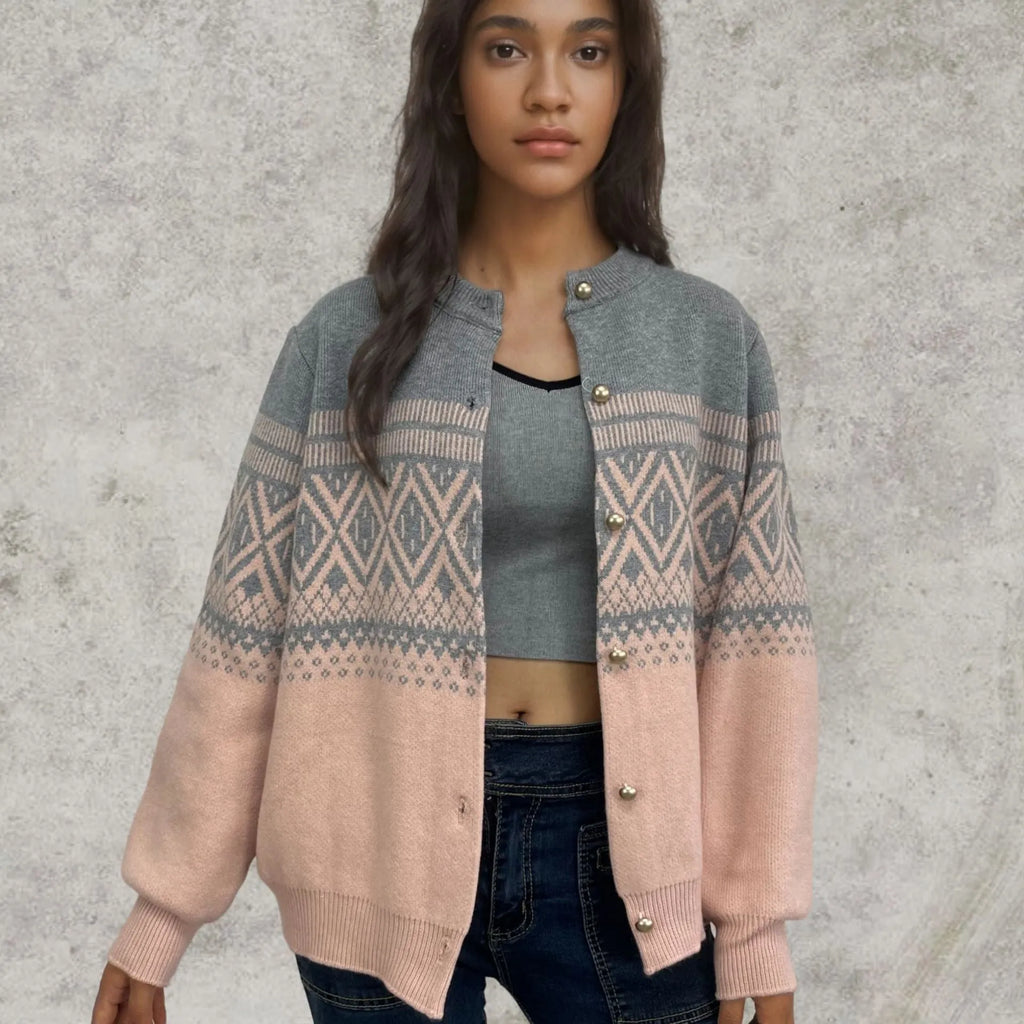 Women's grey alpaca wool cardigan with pink diamond pattern long sleeves