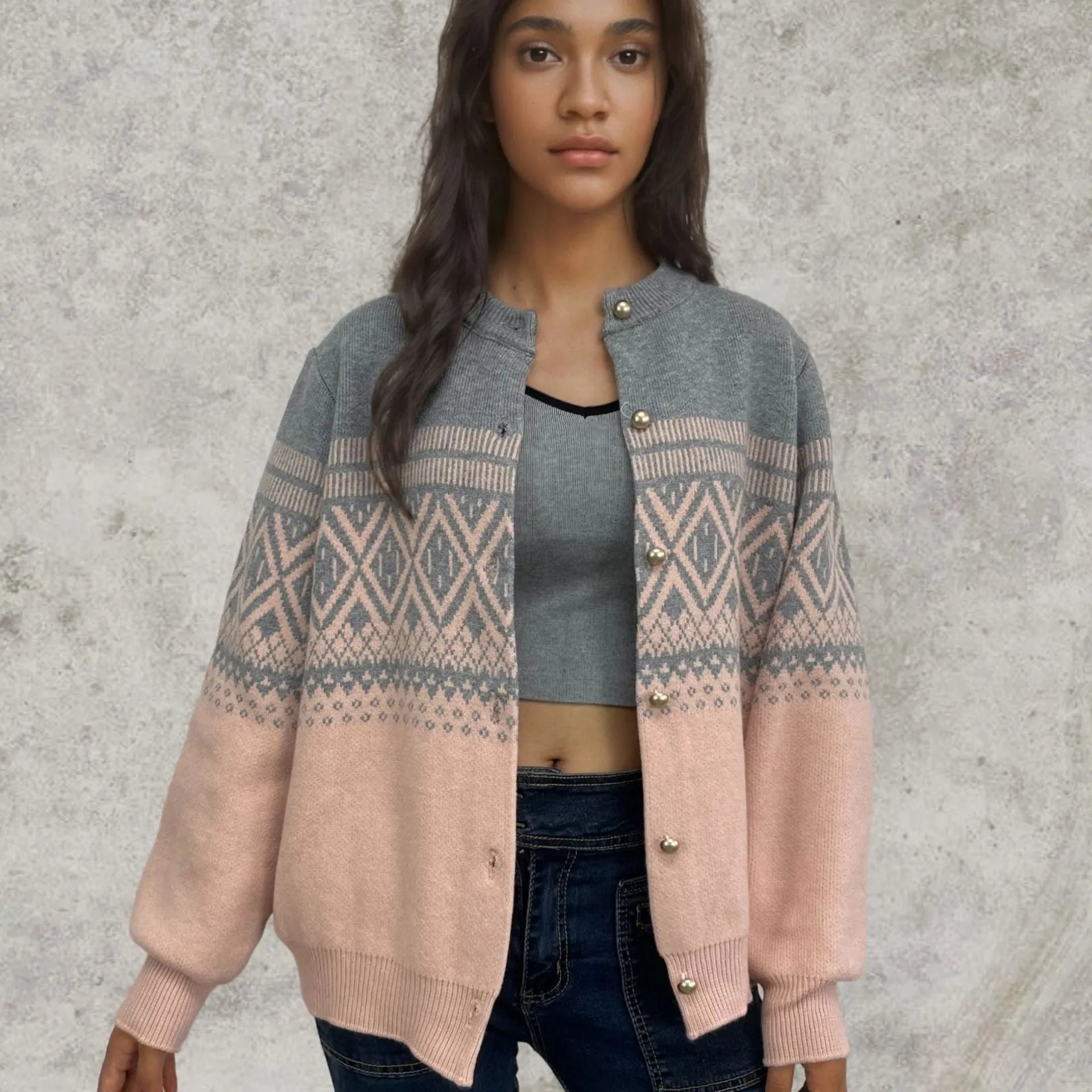 Women's grey alpaca wool cardigan with pink diamond pattern long sleeves