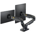 Black dual screen monitor bracket with height adjustment mechanism and VESA mounting compatibility