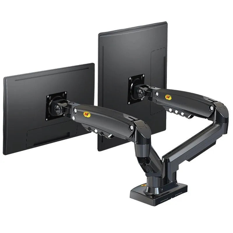 Black dual screen monitor bracket with height adjustment mechanism and VESA mounting compatibility