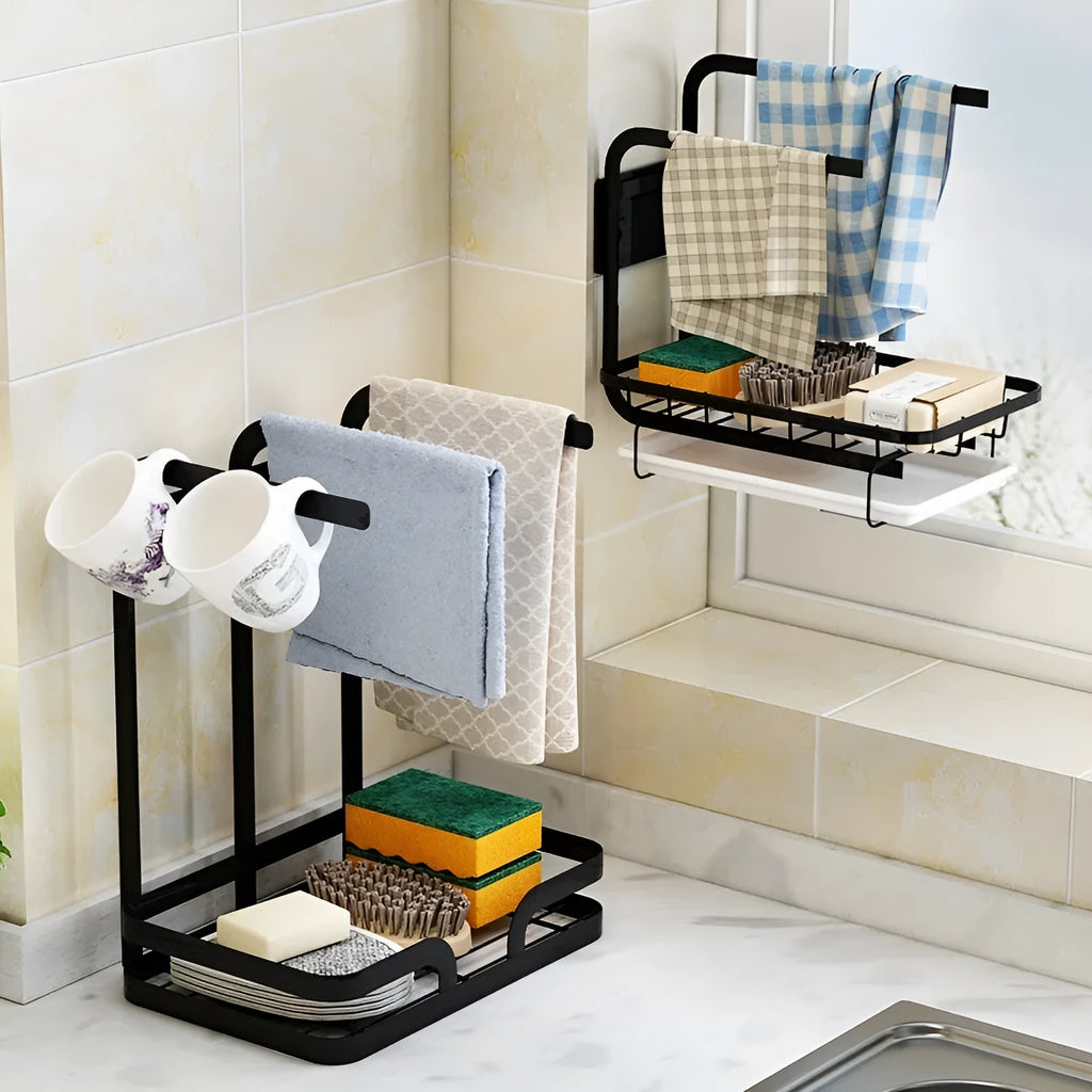 Foldable white plastic kitchen draining rack in a Chinese style, shown both wall-mounted and on a countertop.