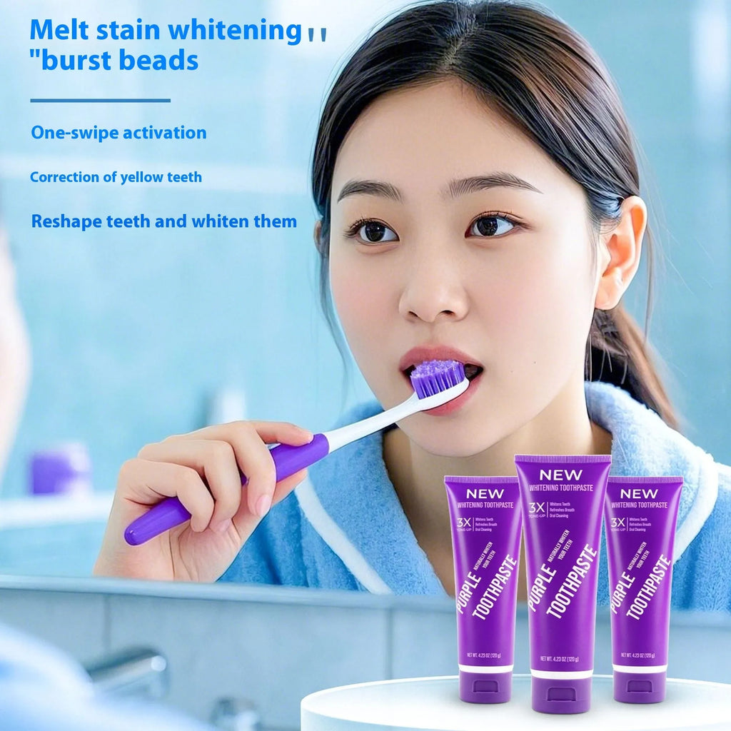 Purple whitening toothpaste tube for adults to remove yellow teeth stains in 120g and 65g sizes