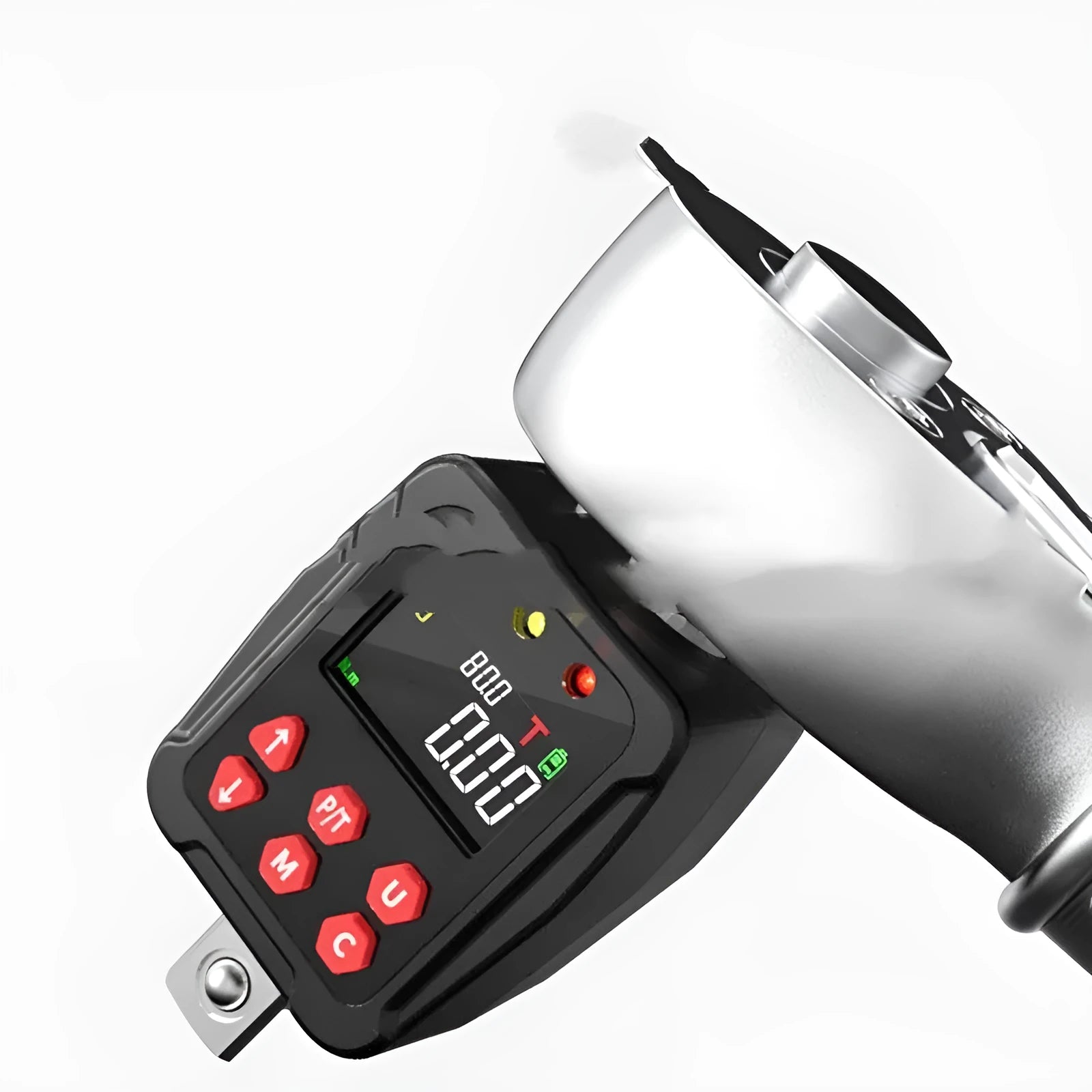 Digital torque meter with 1/2 inch square drive head and LCD display, part of a three-piece metal tool set.
