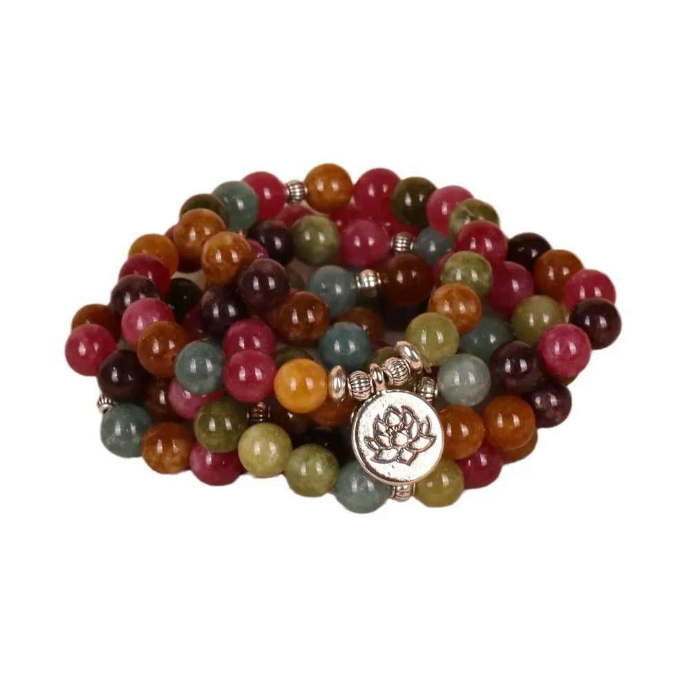 Multi-layer lotus hanging bracelet with 108 tourmaline beads on a metal alloy string