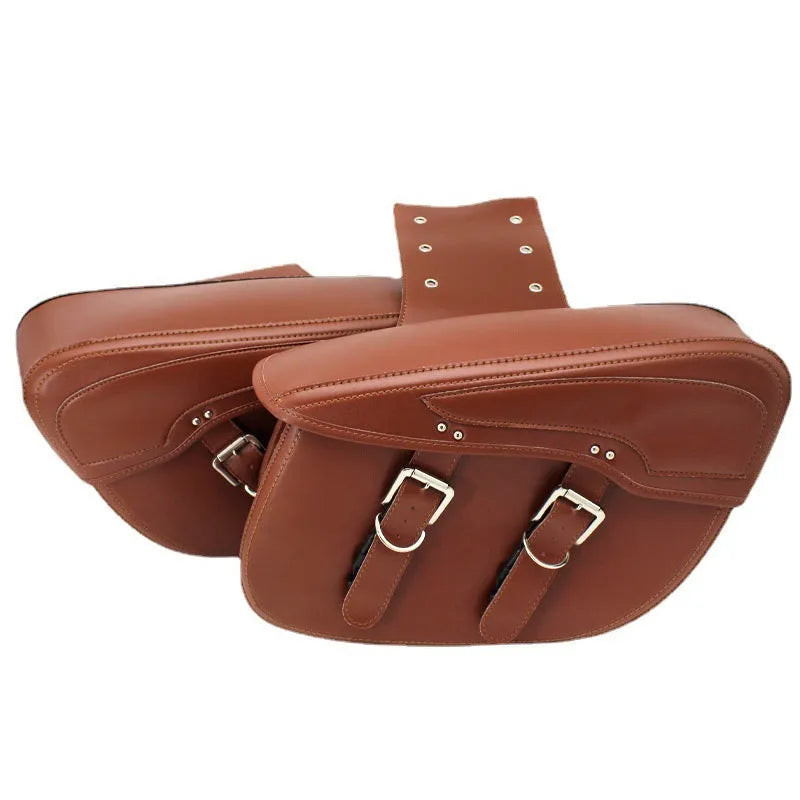 Motorcycle side box saddle bag in black PU leather with retro wind design showing dimensions
