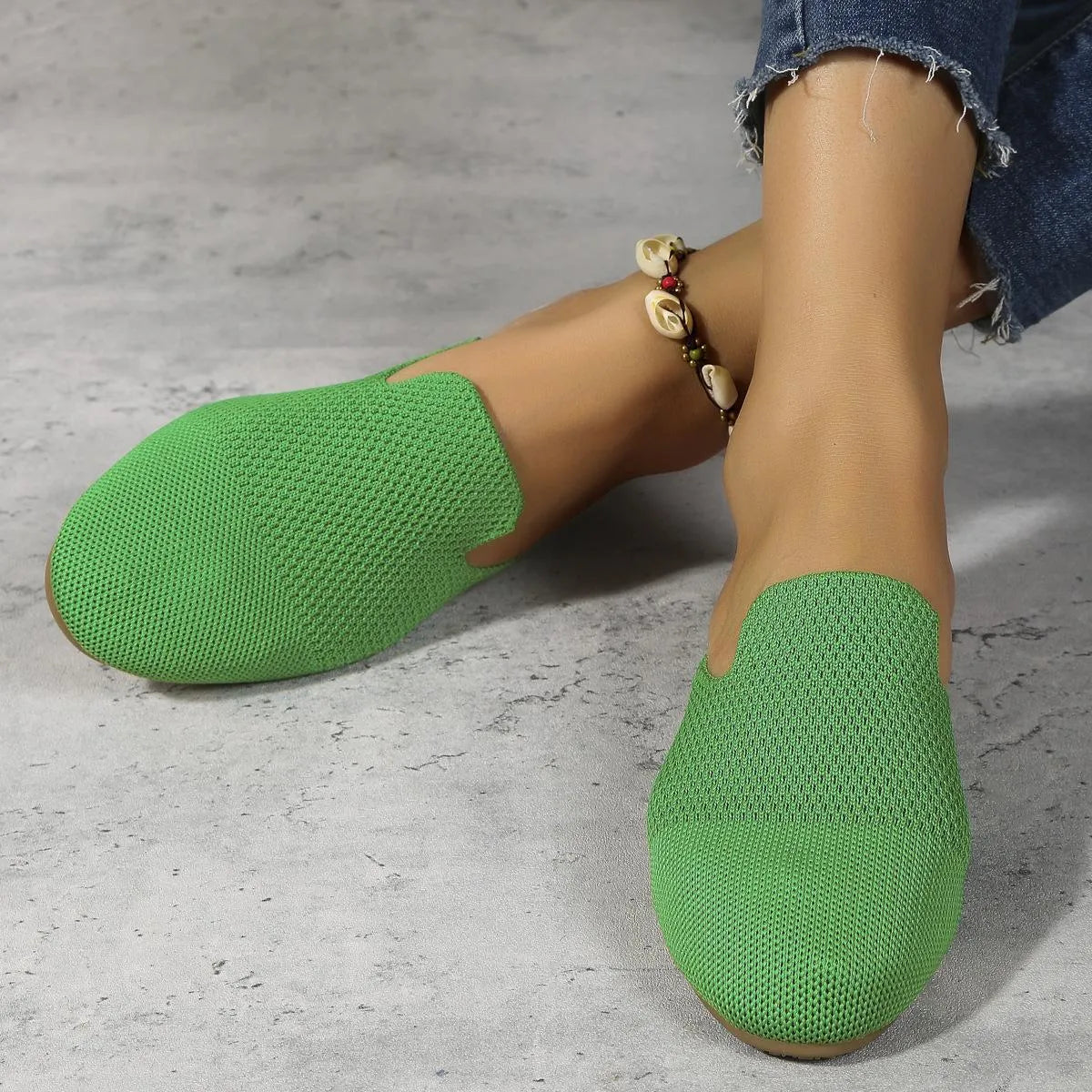 Women's blue mesh slip-on sandals with round toe and flat rubber sole