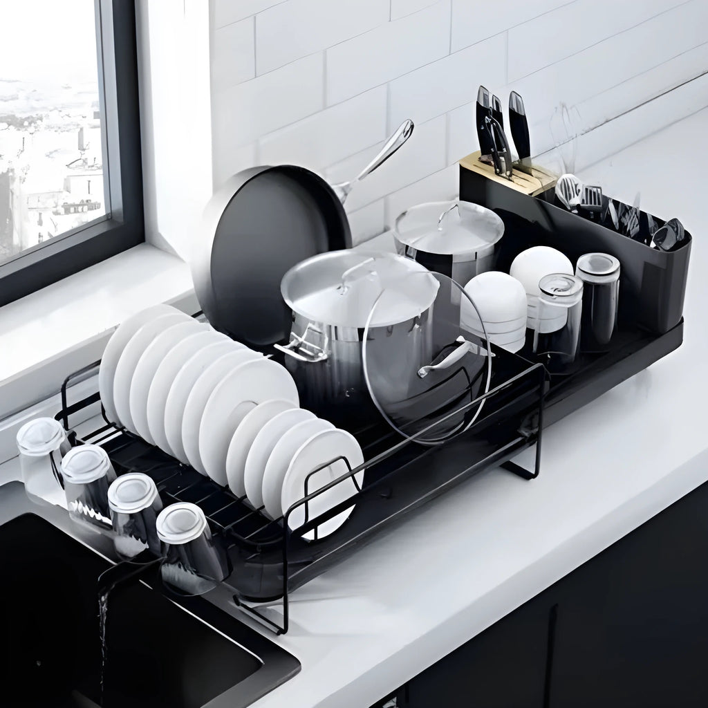 Retractable carbon steel dish rack for cutlery and cup drying over kitchen sink