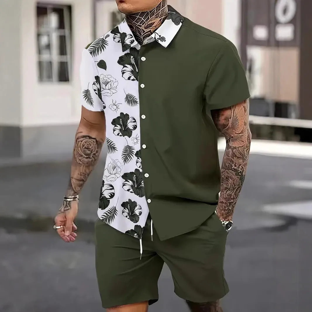 Man wearing a colourful 3D printed Hawaiian shirt and matching shorts casual set.