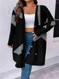 Black plus size casual coat with Japanese Korean styling and button stitching details