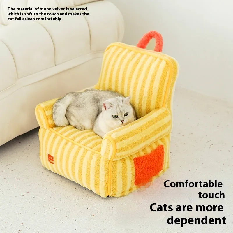 Striped soft velvet pet bed with removable cover in orange, purple or yellow for dogs and cats