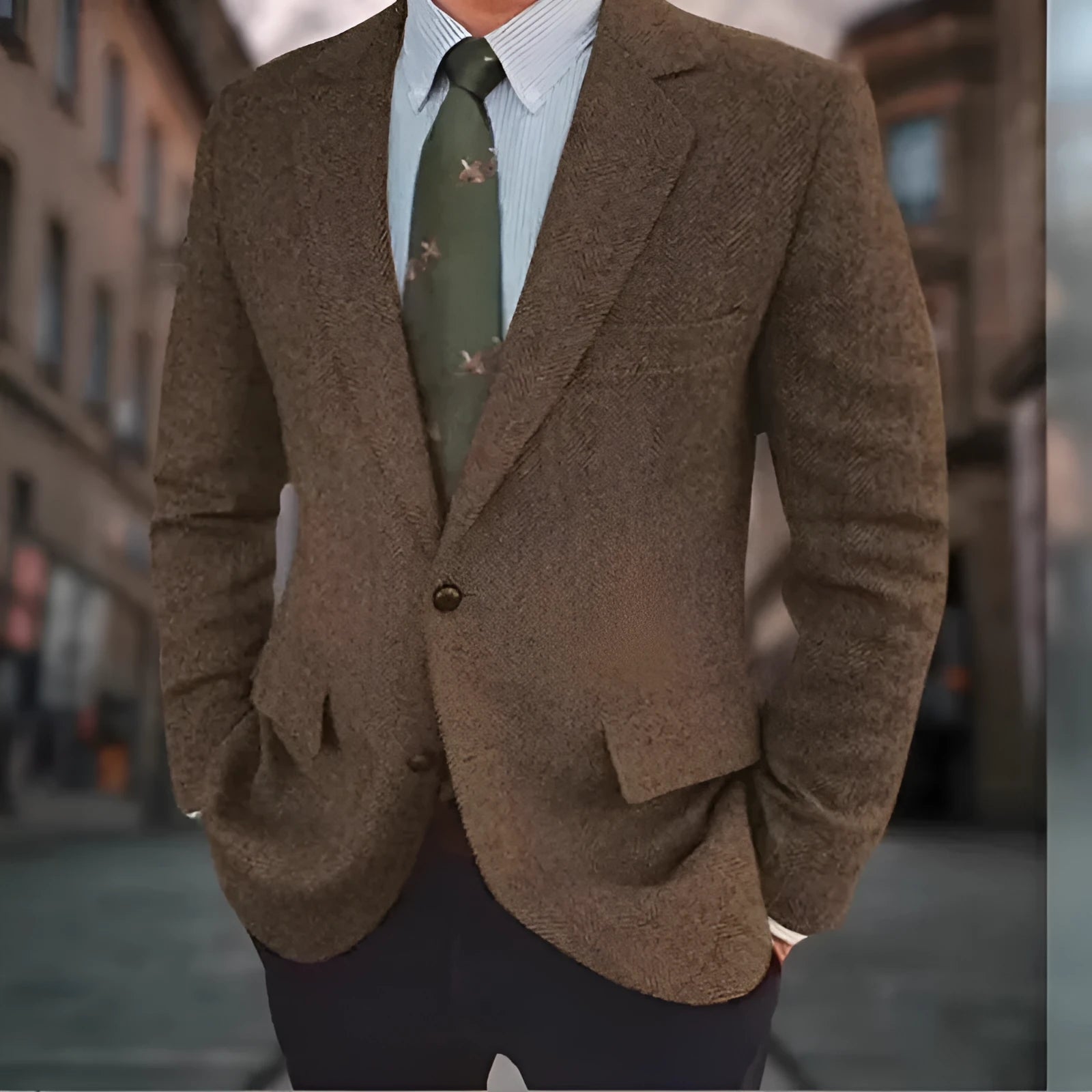 Men's brown herringbone suit jacket with long sleeves and notch lapels, laid flat.