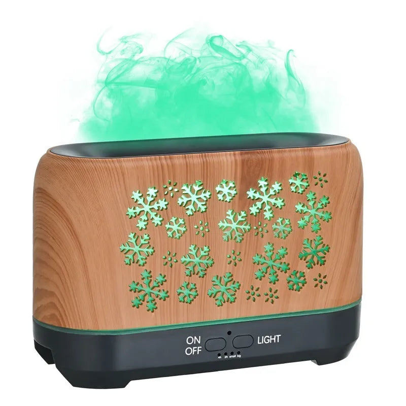 Colourful snowflake wood grain flame effect aromatherapy humidifier diffuser on a desktop with remote control.