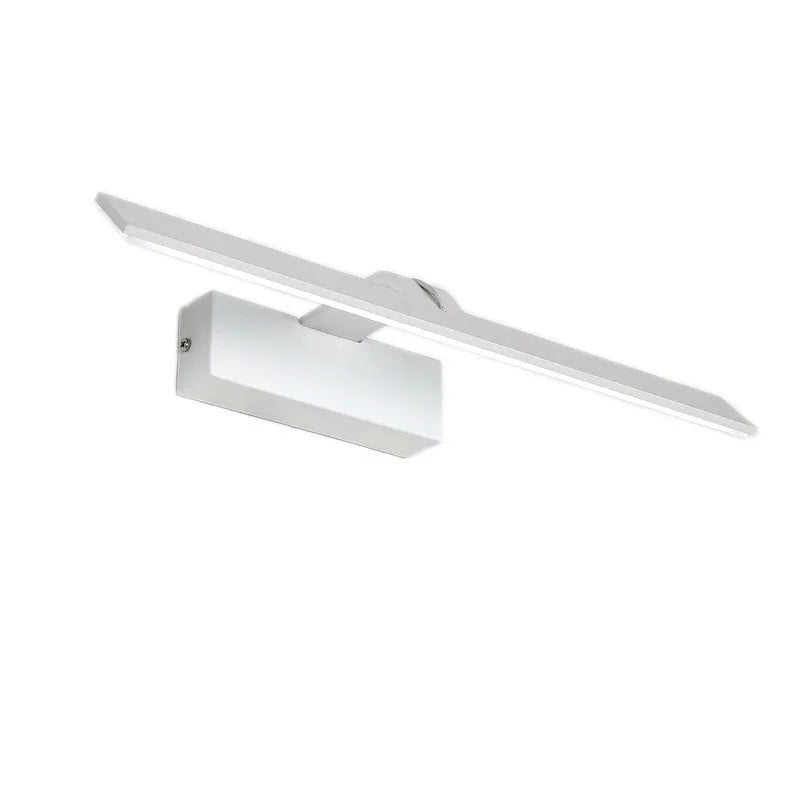 White rectangular LED bathroom mirror headlight with integrated lighting above vanity
