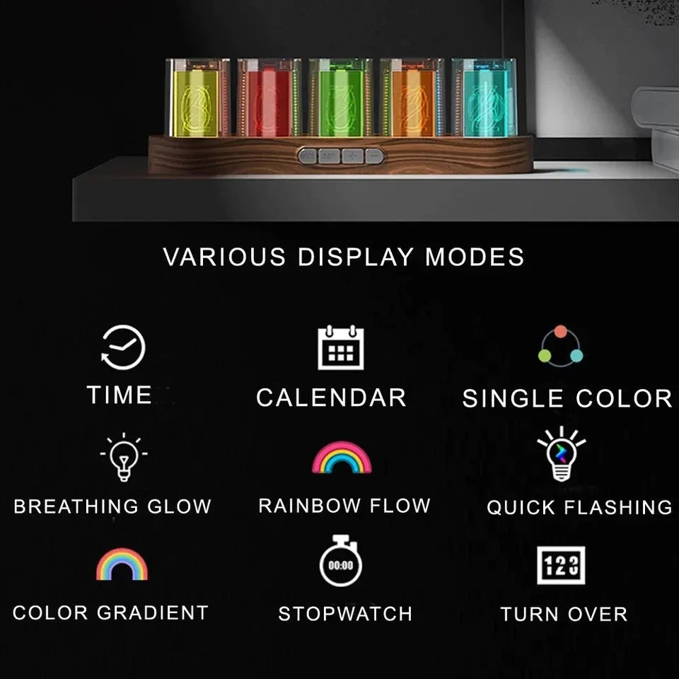 RGB LED digital tube clock showing colourful display with black plastic casing on wooden desk