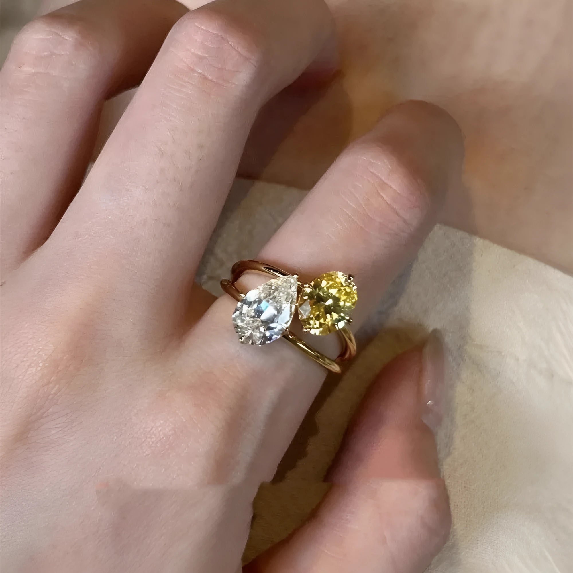 Women's geometric water drop open ring with double sheng stone contrast colours on copper