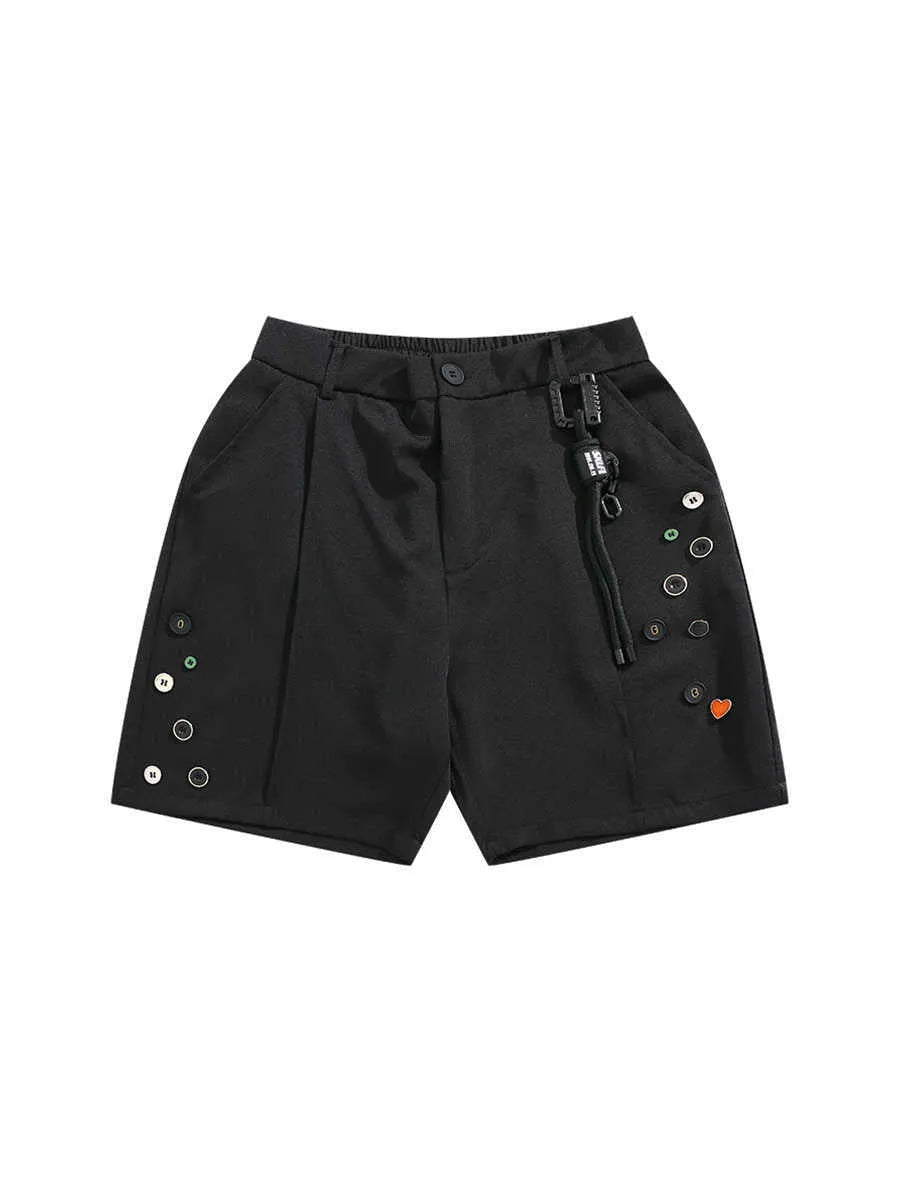 Men's black loose-fit shorts with semi-elastic waistband and colour button closure