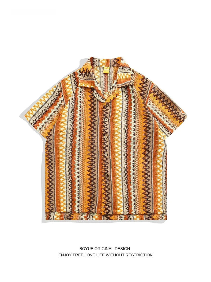 Ethnic pattern Cuban collar shirt in loose fit with contrasting colours and drop-shoulder sleeves