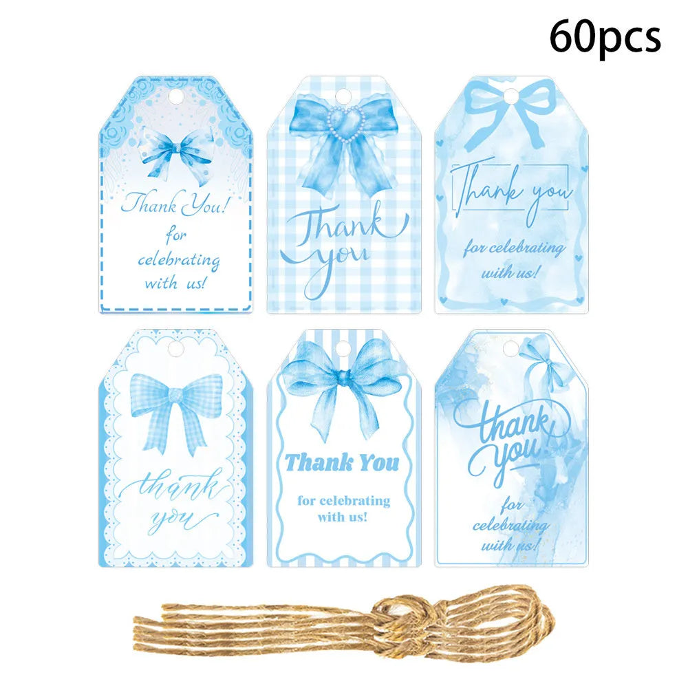 Three design styles of bowknot birthday gift tags with natural hemp rope ties