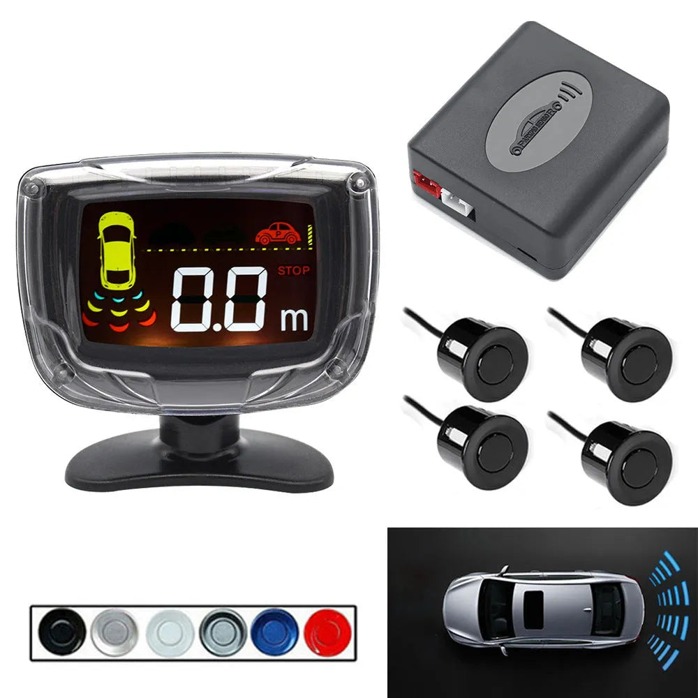 Wireless reversing sensor system with digital display, four probes, and installation accessories for vehicle obstacle detection