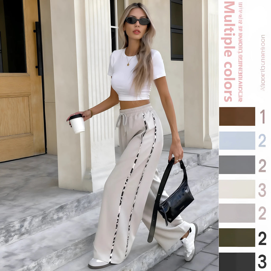 High waist straight-leg casual trousers with lace-up drawstring waistband in multiple colour options