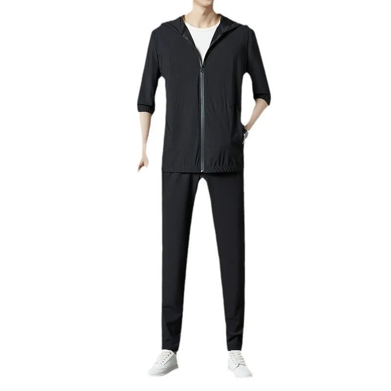 Korean sun-protective hooded suit in gray, loose casual thin nylon blend, summer sports set