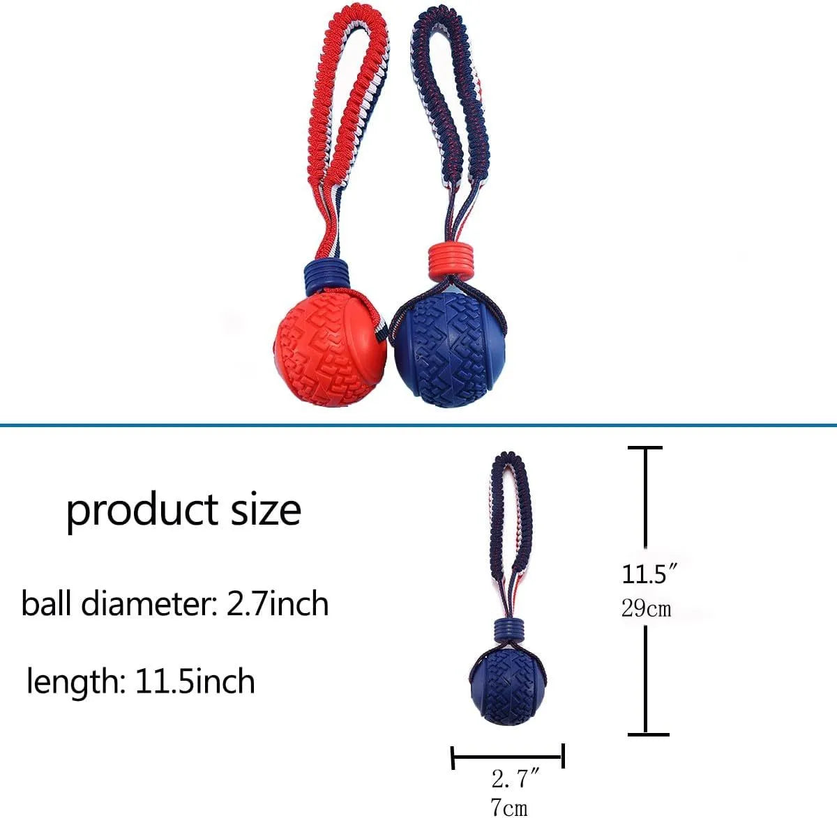 Blue natural rubber dog ball with rope toy showing textured surface, sized for medium and small dog breeds