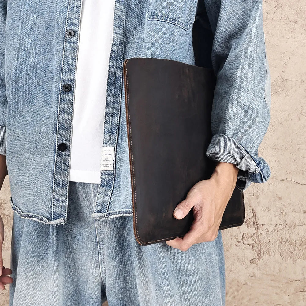 Brown Crazy Horse leather computer liner bag with horizontal design and cowhide lining
