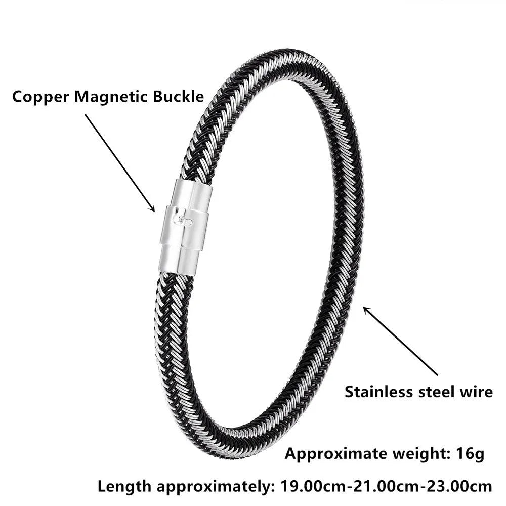 Geometric titanium steel wire bracelet with a magnetic clasp, shown in a unisex style.