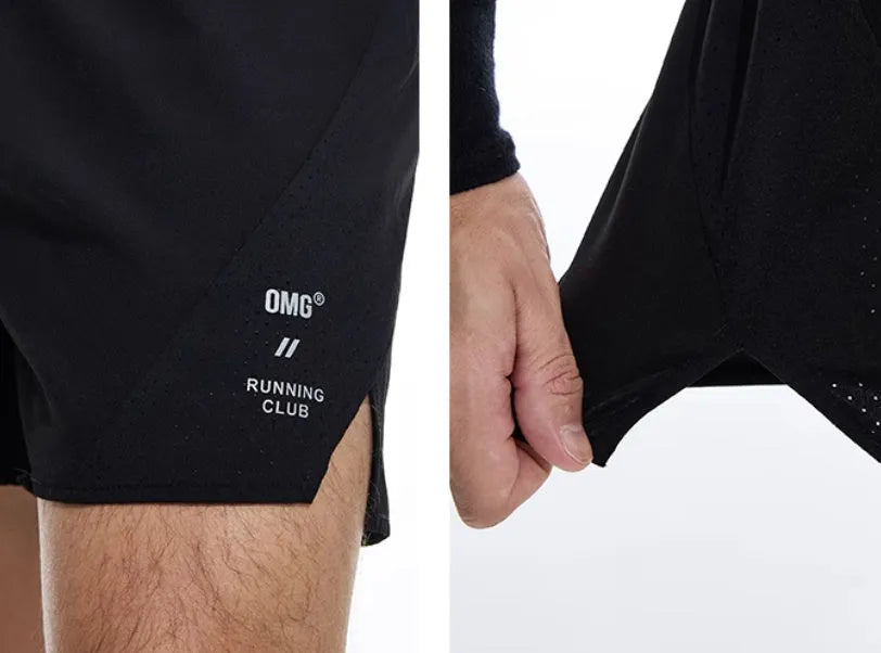 Laser-stitched black running shorts with stretch Spandex fabric laid flat.