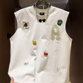 A man's white cotton sleeveless vest with a cartoon graphic print, shown in a loose fit.