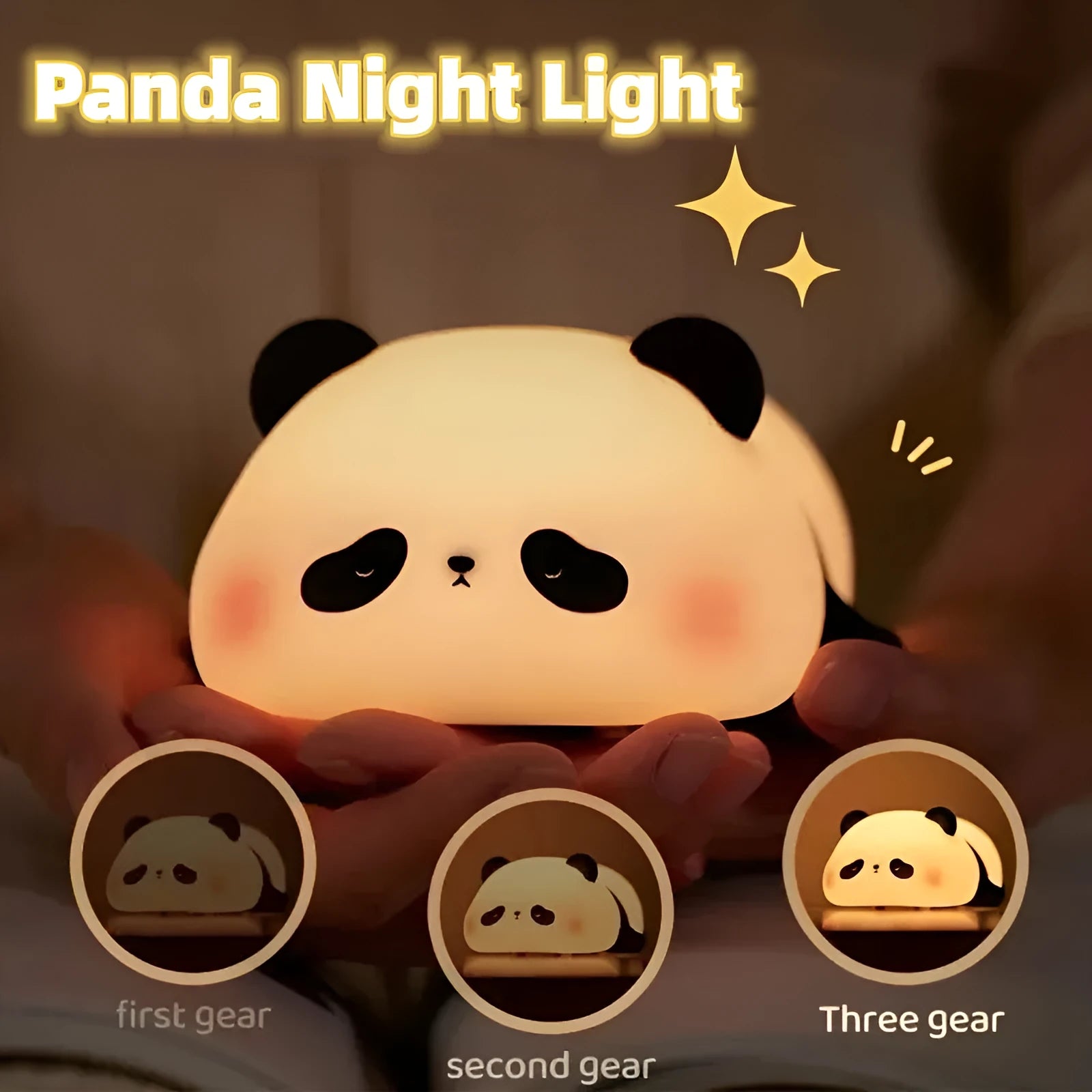 Cartoon panda night light with soft white glow on bedroom bedside table