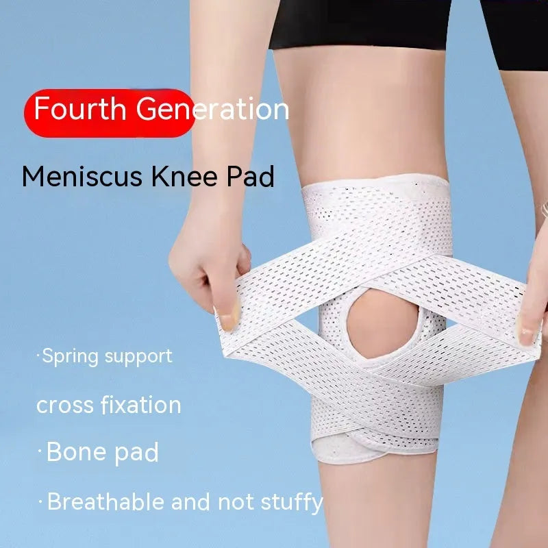 Black mesh knee protective sleeve for meniscus and patellar injury recovery on an adult leg.