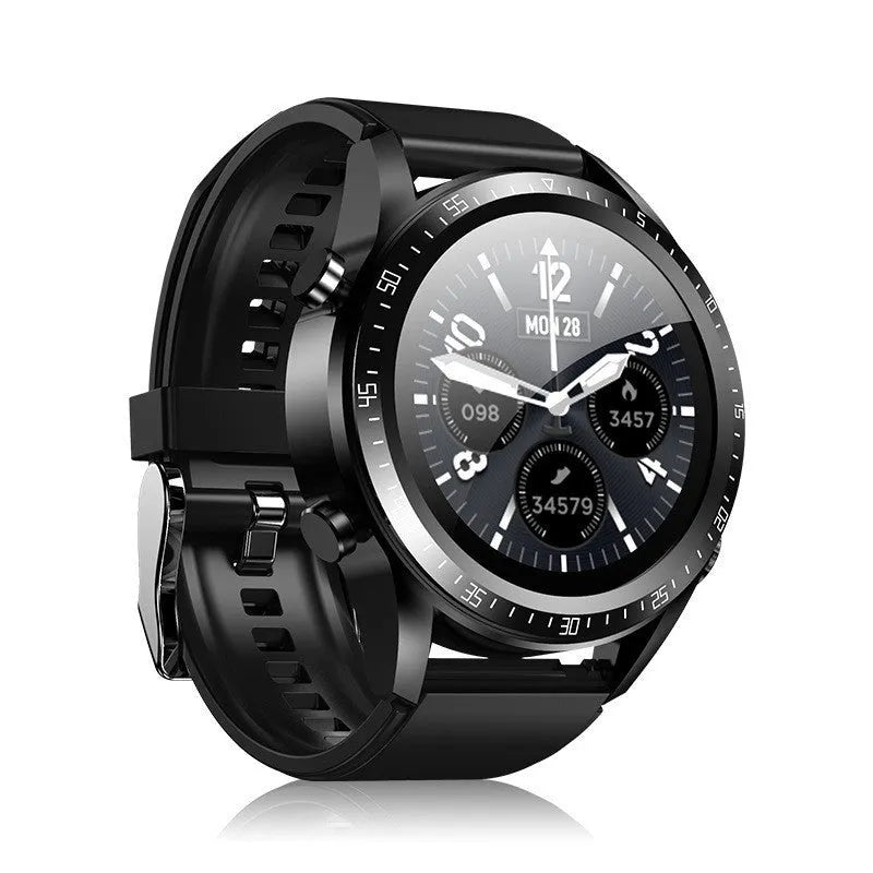 Black smart watch with blood pressure monitor on silicone strap, showing 1.28-inch screen.