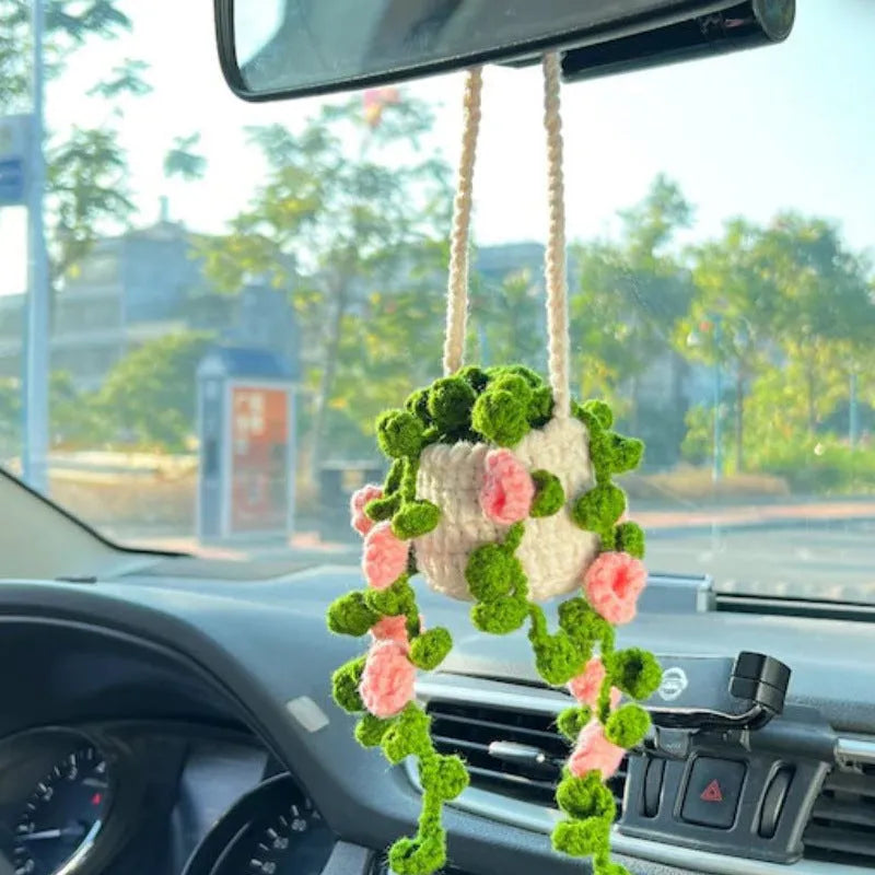 Green and white knitted wool succulent car ornament with 8cm base and hanging cord