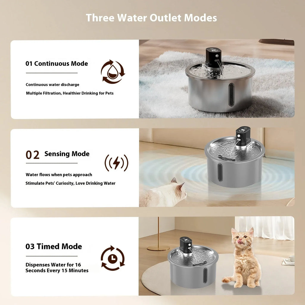 White stainless steel pet water fountain with digital temperature control base for cats and dogs