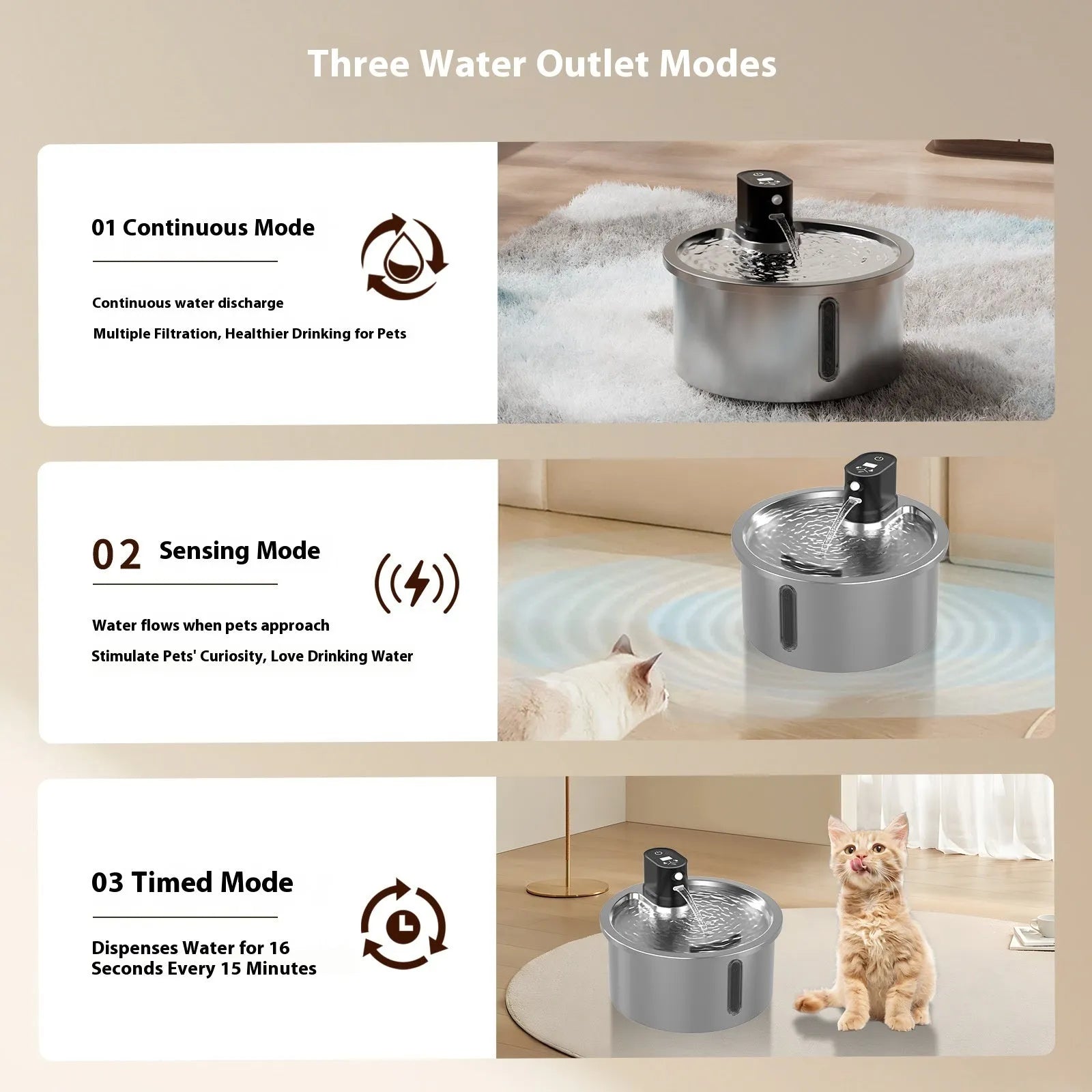 White stainless steel pet water fountain with digital temperature control base for cats and dogs